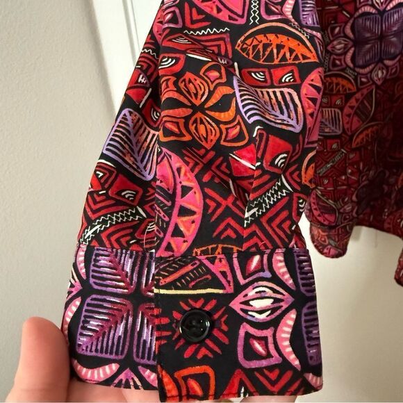 Catherines Top Shirt Womens Size 3X Red Button Up Roll Tab Sleeve Abstract Artsy - Picture 4 of 12
